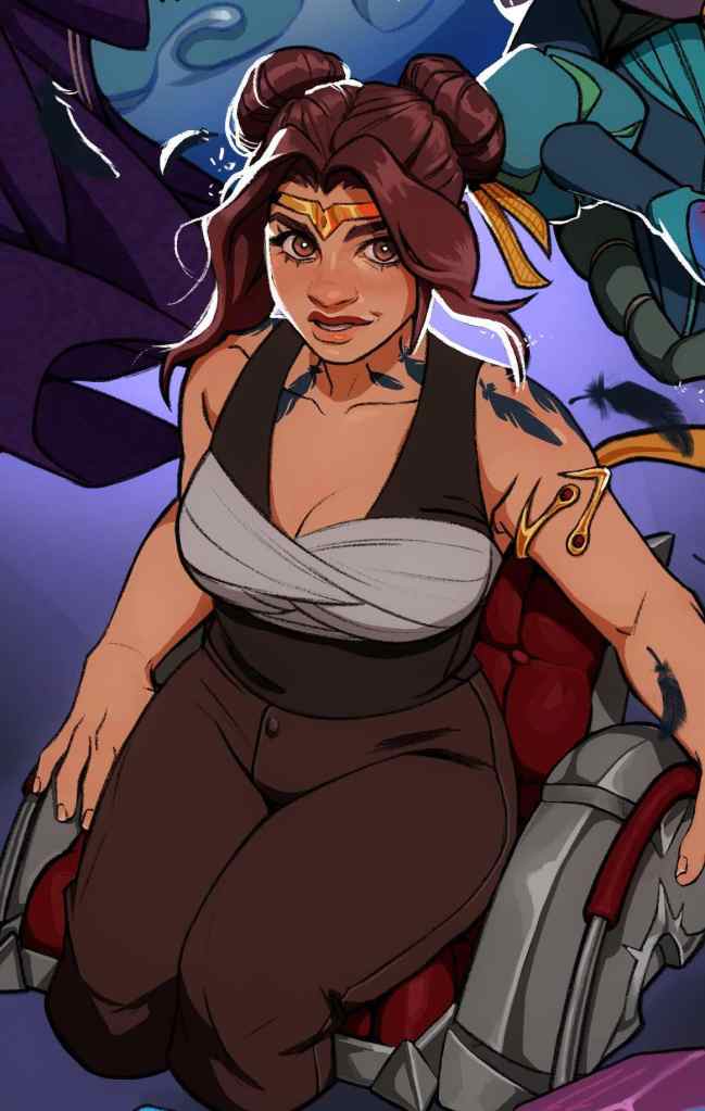 Digital artwork of Reign Vosgrove, manual wheelchair using dwarf wearing several gold magical items and has raven feather tattoos.