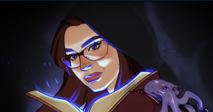 Digital artwork of Roll Fourth's Shanna Cantu holding a glowing book open near her face. There is a mind flayer drawn with her as well,.