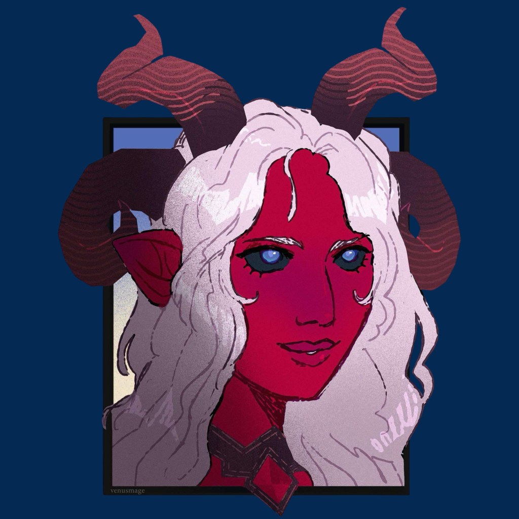 A red Tiefling with two sets of horns pointing in the opposite directions.
