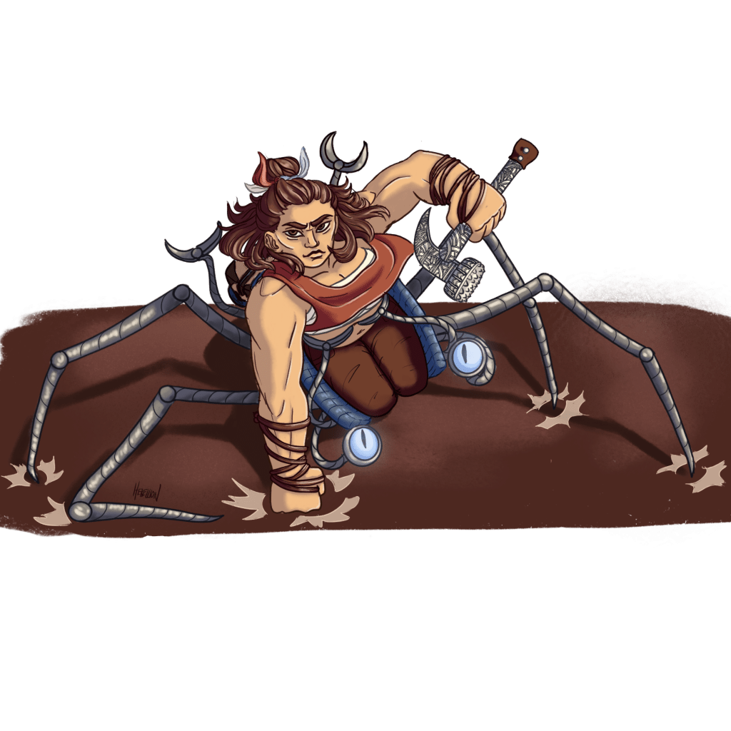 Reign with Flux the mimic in his spider crab combat form, doing the 3 point super hero landing while she's holding a hammer.