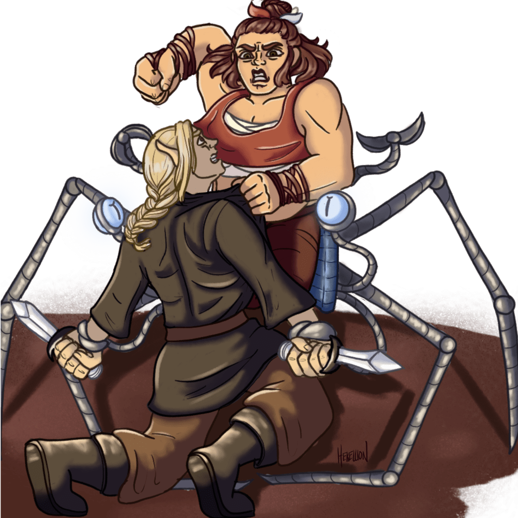Reign Vosgrove and Flux the mimic in his spider crab combat form grappling and punching an elf holding daggers.