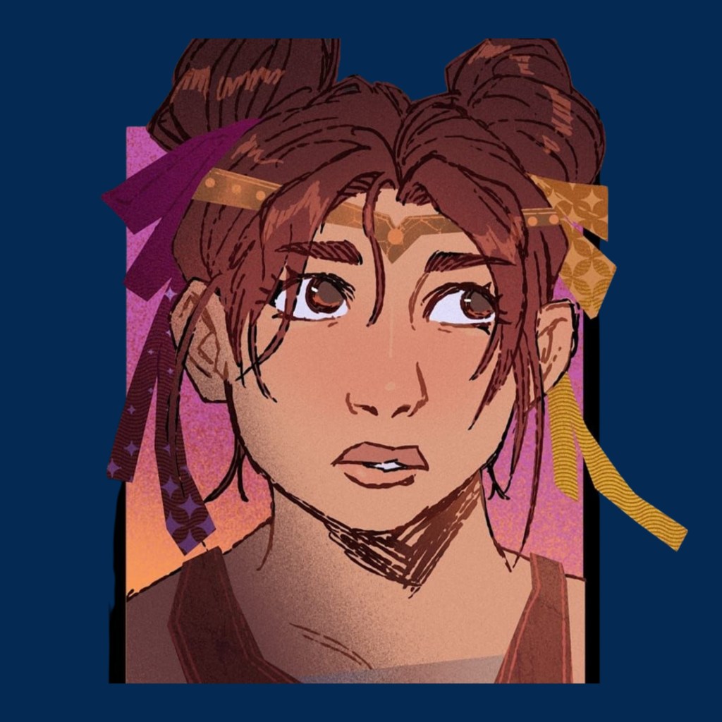 Digital art headshot of Reign Vosgrove with her hair up in two space buns with scraps tied up into her hair. She is wearing a headband and is looking rather insecure about what to do.