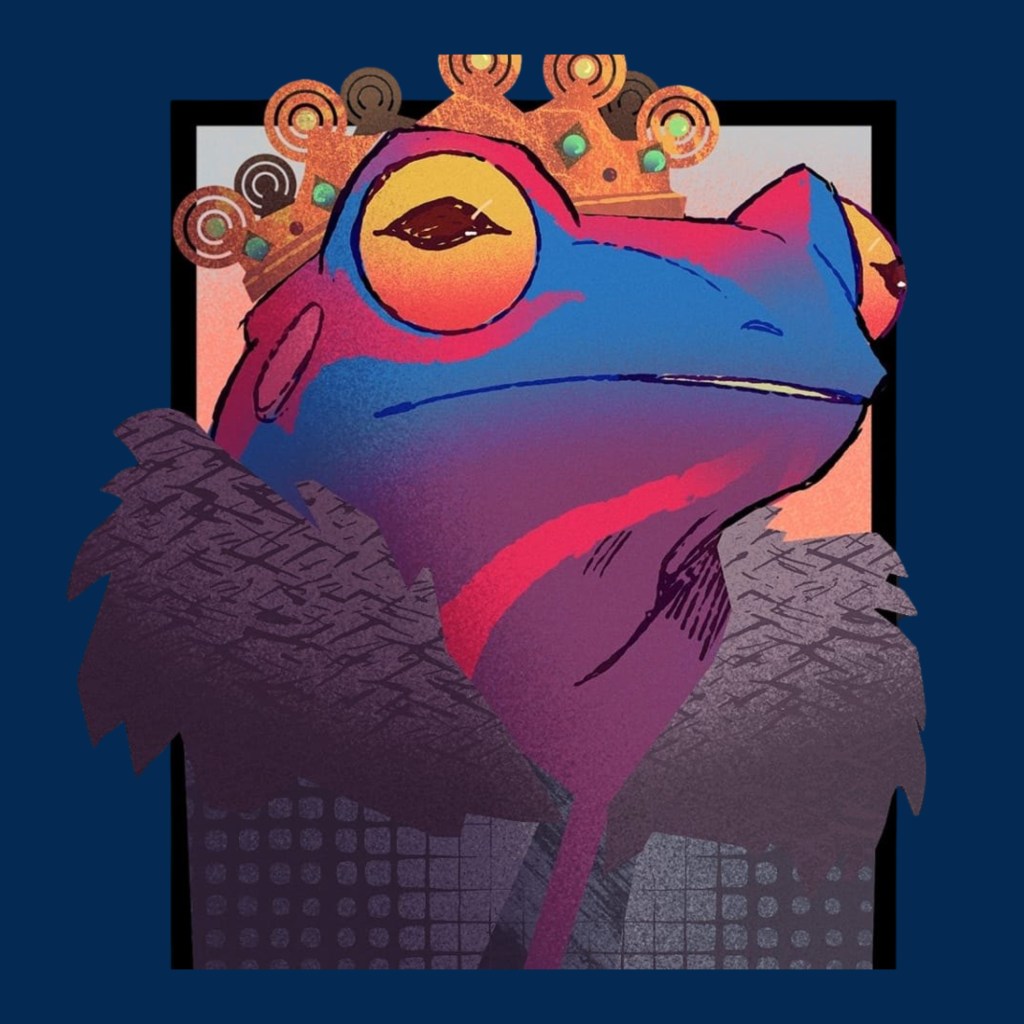 Red and blue humanoid frog wearing a golden crown and a kingly cloak.