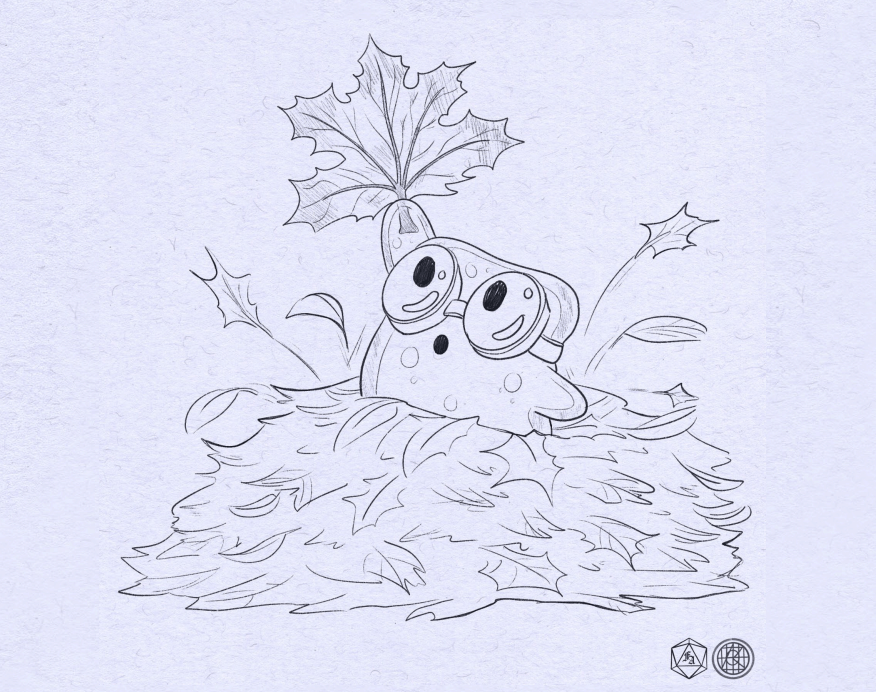Sketch of Flux the mimic in his jelly form popping out of a pile of leaves excitedly holding a perfect 5 point leaf.