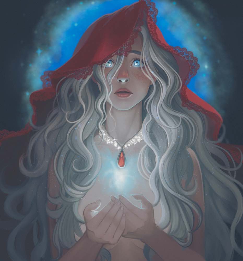 A petite woman with fare skin wearing a red hooded cloak with lace fringe holding a soft light blue light in front of her.