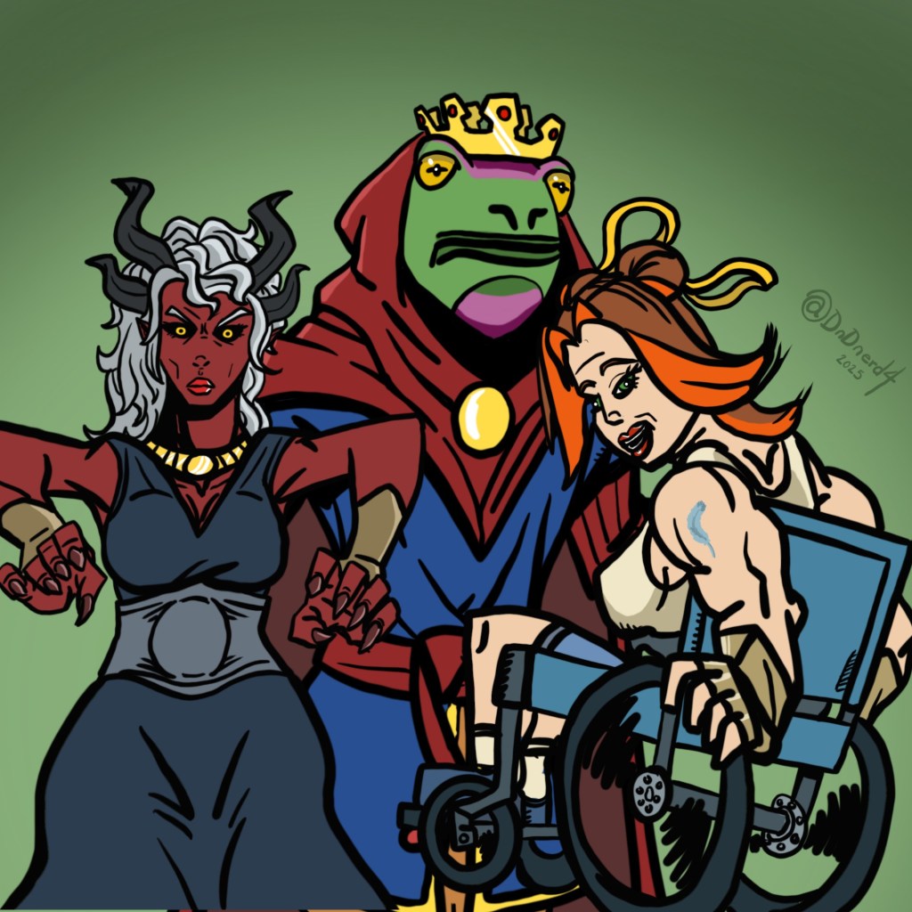 The characters from the actual play Roll the Fourth. King Dart of the Hopkins the frog ranger, Lady Zevari the cleric/warlock and Reign the monk/bard.