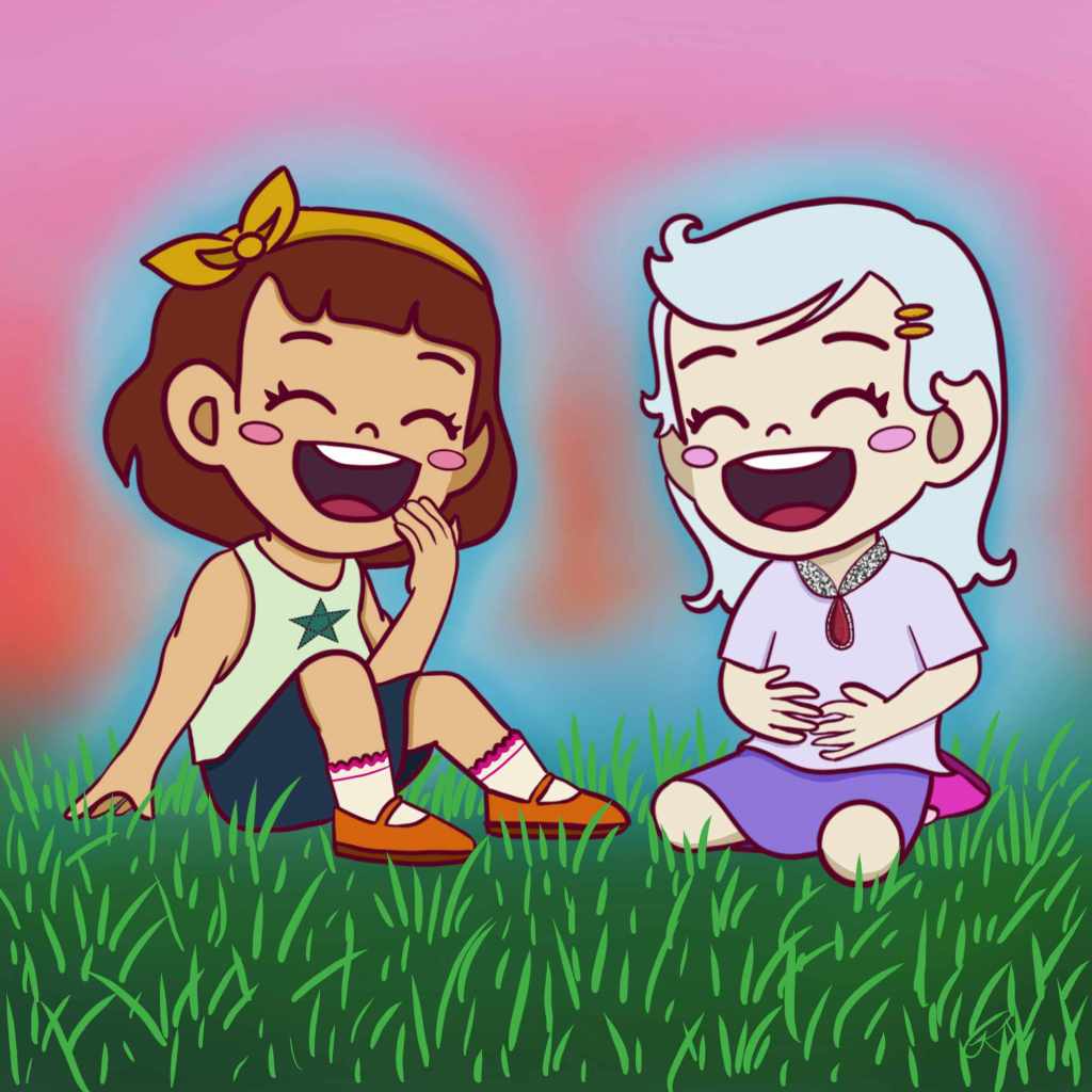 Illustration of kid Reign and Zevari laughing and having fun. Reign is wearing hand sewn clothes while Zevari is wearing her grandmothers jewel incrusted necklace.